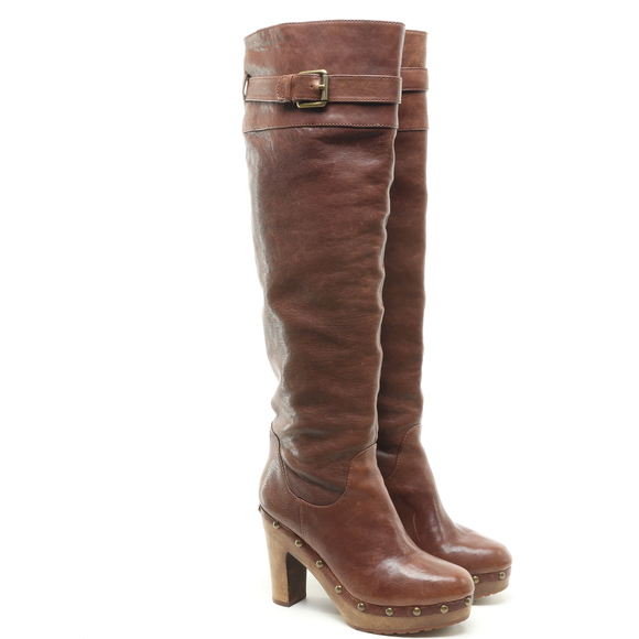 Michael Kors Yolanda Clog Over the Knee Heeled Leather Boots Womenโs 8 Brown - Picture 3 of 15